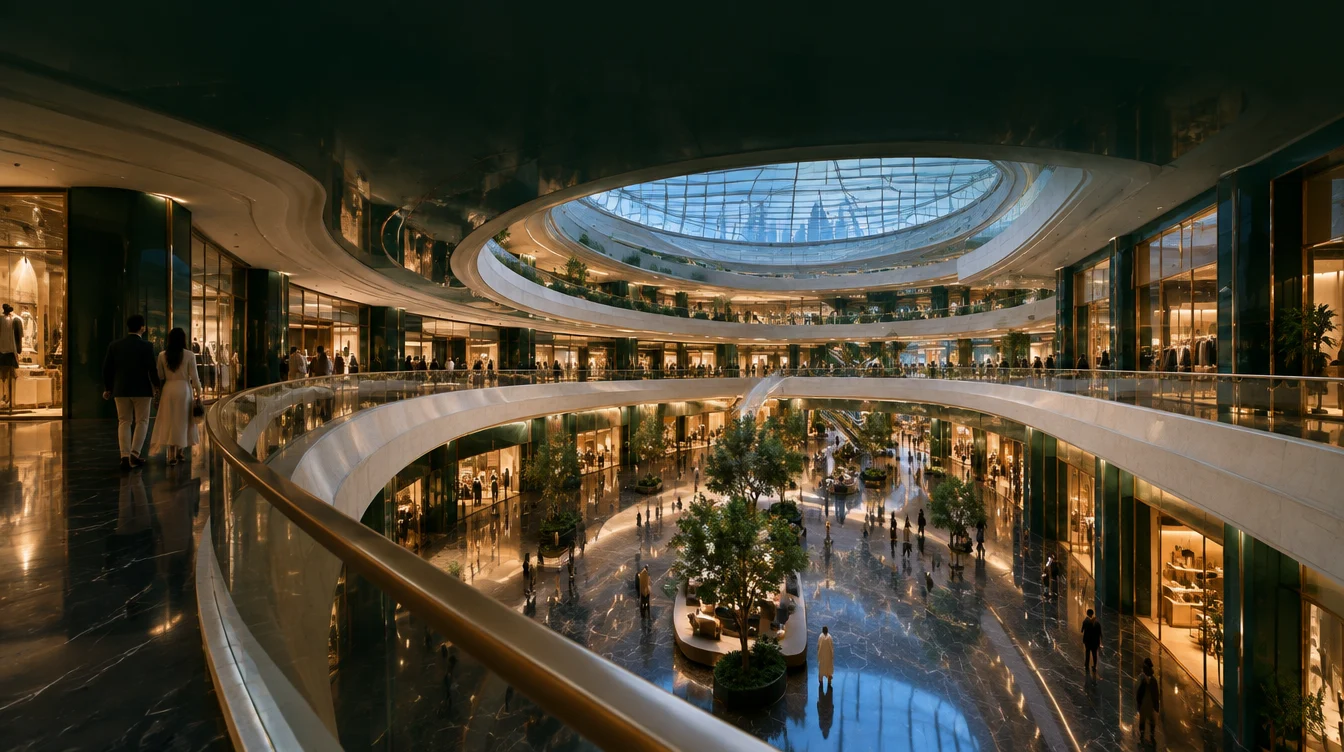 Conceptual retail atrium with sweeping limestone balconies and warm shopfronts